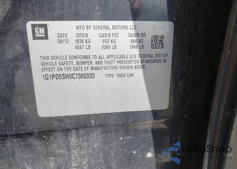 2012 Chevrolet Cruze Ls from USA, damaged, VIN 1G1PD5SH8C7389333